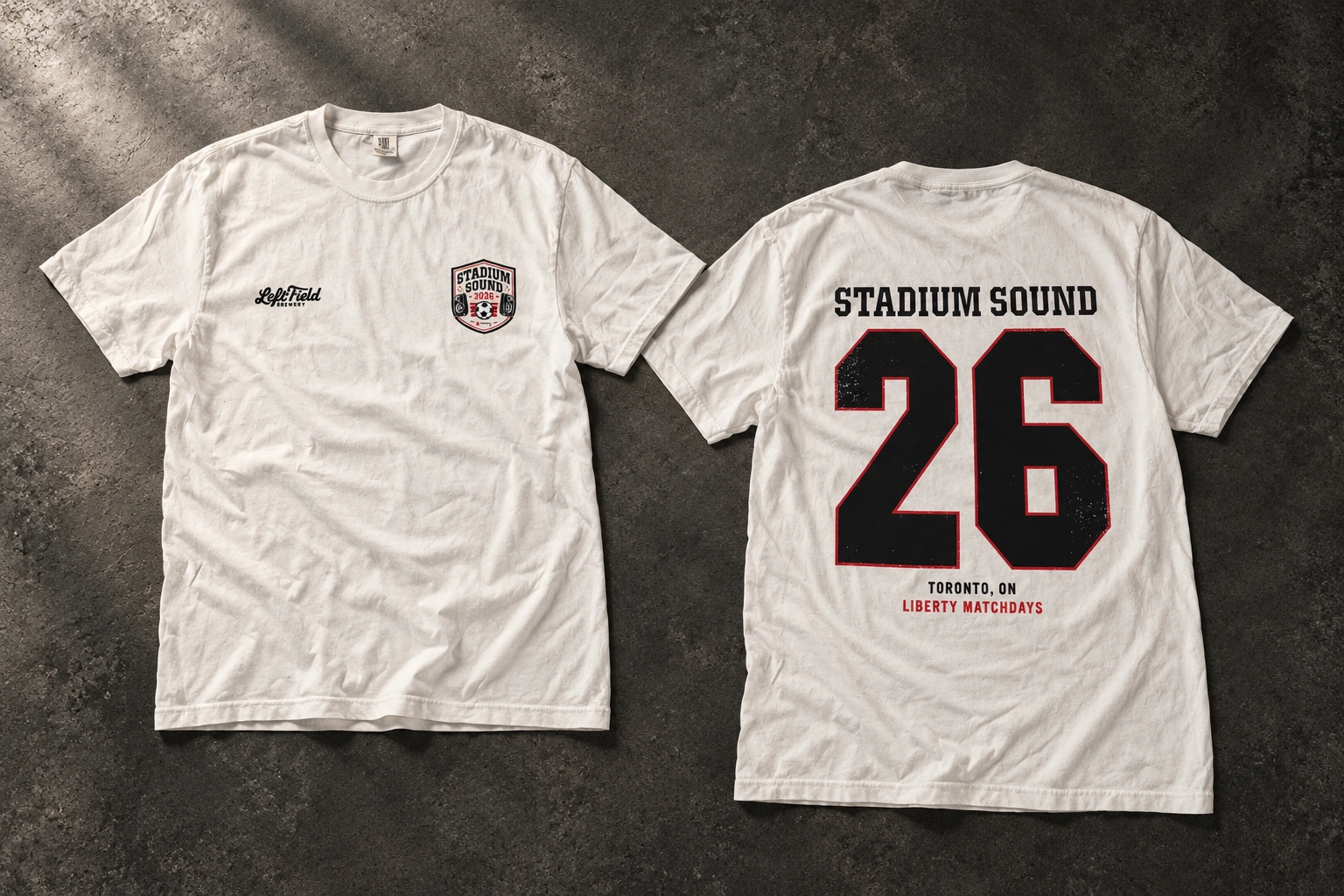 Front and back of the actual Stadium Sound and Left Field shirts, photographed on graphite concrete